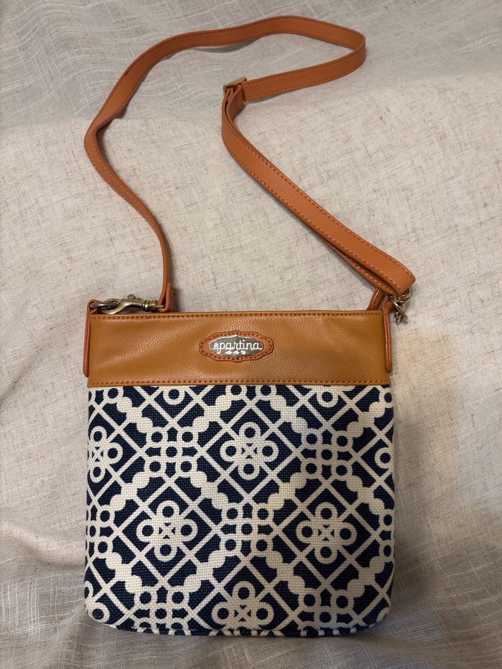 Spartina 449 Navy Cream Canvas Crossbody Bag Tan Leather Trim